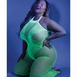 Fantasy Lingerie Glow Black Light Crotchless Bodystocking Neon Green Qn