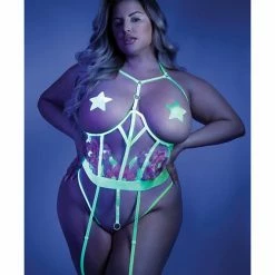 Fantasy Lingerie Glow Black Light Embroidered Cupless Garter Teddy (pasties Not Included) Neon Chartreuse Qn