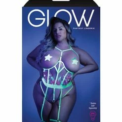 Fantasy Lingerie Glow Black Light Embroidered Cupless Garter Teddy (pasties Not Included) Neon Chartreuse Qn