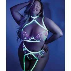 Fantasy Lingerie Glow Black Light Embroidered Harness Bra, Leg Garterbelt & G-string Neon Chartreuse Qn