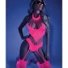 Fantasy Lingerie Glow Black Light Footless Teddy Bodystocking Neon Pink O-s