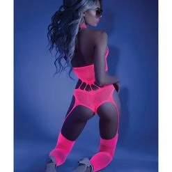 Fantasy Lingerie Glow Black Light Footless Teddy Bodystocking Neon Pink O-s
