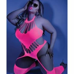 Fantasy Lingerie Glow Black Light Footless Teddy Bodystocking Neon Pink Qn