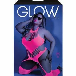 Fantasy Lingerie Glow Black Light Footless Teddy Bodystocking Neon Pink Qn