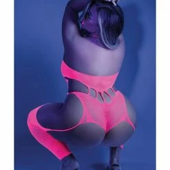 Fantasy Lingerie Glow Black Light Footless Teddy Bodystocking Neon Pink Qn