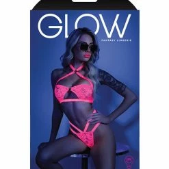 Fantasy Lingerie Glow Black Light Halter Bandeau & Cage Panty Neon Pink
