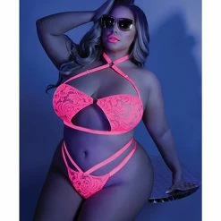 Fantasy Lingerie Glow Black Light Halter Bandeau & Cage Panty Neon Pink Qn