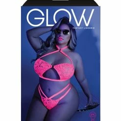 Fantasy Lingerie Glow Black Light Halter Bandeau & Cage Panty Neon Pink Qn