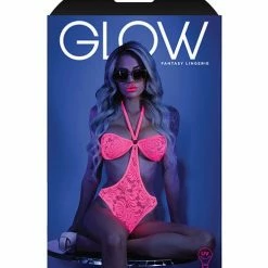 Fantasy Lingerie Glow Black Light Halter Bodysuit With Open Sides Neon Pink