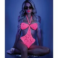 Fantasy Lingerie Glow Black Light Halter Bodysuit With Open Sides Neon Pink