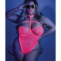 Fantasy Lingerie Glow Black Light Harness Mesh Body Suit Neon Pink Qn
