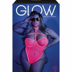Fantasy Lingerie Glow Black Light Harness Mesh Body Suit Neon Pink Qn