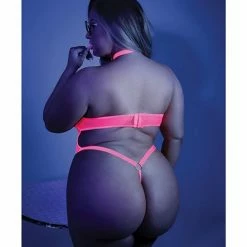 Fantasy Lingerie Glow Black Light Harness Mesh Body Suit Neon Pink Qn