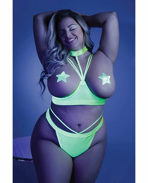 Fantasy Lingerie Glow Black Light Harness Open Shelf Bra & Cage Thong (pasties Not Included) Neon Lemon Qn