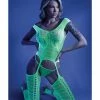 Fantasy Lingerie Glow Black Light Mosaic Pattern Gartered Bodystocking Neon Green O-s