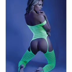 Fantasy Lingerie Glow Black Light Mosaic Pattern Gartered Bodystocking Neon Green O-s
