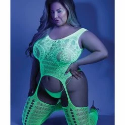 Fantasy Lingerie Glow Black Light Mosaic Pattern Gartered Bodystocking Neon Green Qn