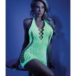 Fantasy Lingerie Glow Black Light Net Halter Dress Neon Green O-s