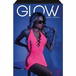 Fantasy Lingerie Glow Black Light Net Halter Dress Neon Pink O-s