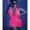 Fantasy Lingerie Glow Black Light Net Halter Dress Neon Pink Qn