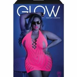 Fantasy Lingerie Glow Black Light Net Halter Dress Neon Pink Qn