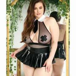 Fantasy Lingerie Play Bad Behavior Pasties, Collared Teddy & Wet Look Pleat Skirt Black