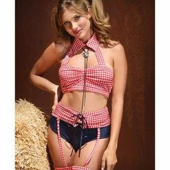 Fantasy Lingerie Play Whiskey In A Teacup Collared Top, Bolo Tie, Garter Belt & Booty Short