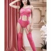 Fantasy Lingerie Sheer Afterglow Cut Out Teddy With Attached Footless Stockings Berry Pink One Size Fits Most
