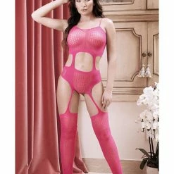 Fantasy Lingerie Sheer Afterglow Cut Out Teddy With Attached Footless Stockings Berry Pink One Size Fits Most