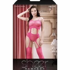 Fantasy Lingerie Sheer Afterglow Cut Out Teddy With Attached Footless Stockings Berry Pink One Size Fits Most