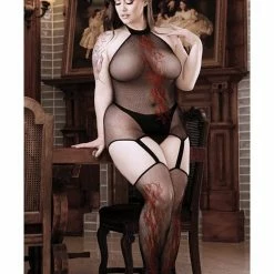 Fantasy Lingerie Sheer Body Language Halter Dress W/attached Stockings & Red Floral Design Black