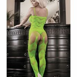 Fantasy Lingerie Sheer Cosmic Love Strappy Geometric Gartered Bodystocking Neon Green One Size Fits Most
