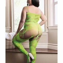 Fantasy Lingerie Sheer Cosmic Love Strappy Geometric Gartered Bodystocking Neon Green Queen Size