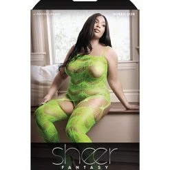 Fantasy Lingerie Sheer Cosmic Love Strappy Geometric Gartered Bodystocking Neon Green Queen Size
