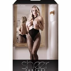 Fantasy Lingerie Sheer Fantasy Choker Harness Stockings W-open Crotchless Black O-s