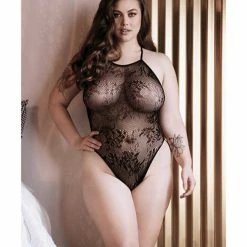 Fantasy Lingerie Sheer Fantasy Floral Knit Teddy W-high Waist Leggings Black Qn