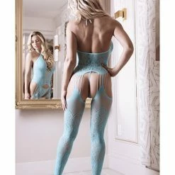 Fantasy Lingerie Sheer Fantasy Halter Neck Floral Lace Gartered Bodystocking & Panty Light Blue O-s