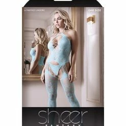 Fantasy Lingerie Sheer Fantasy Halter Neck Floral Lace Gartered Bodystocking & Panty Light Blue O-s
