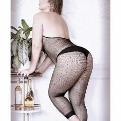 Fantasy Lingerie Sheer Feelin Myself Halter Dot Fishnet Footless Bodystocking Black Queen Size