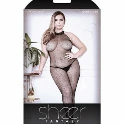 Fantasy Lingerie Sheer Feelin Myself Halter Dot Fishnet Footless Bodystocking Black Queen Size