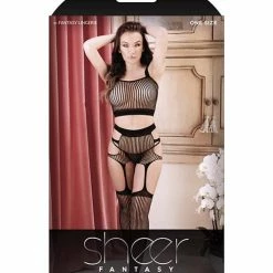 Fantasy Lingerie Sheer In The Mood Crop Top & Crotchless Shortie With Attached Footless Stockings Black One Size Fits Most