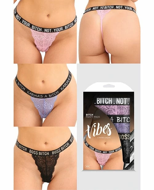 Fantasy Lingerie Vibes Bitch 3 Pack Lace Panty Assorted Colors One Size Fits Most