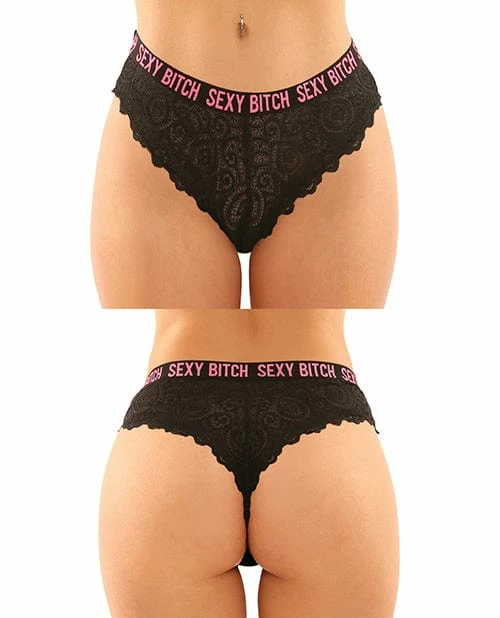 Fantasy Lingerie Vibes Buddy Sexy Bitch Lace Panty & Micro Thong Black/pnk
