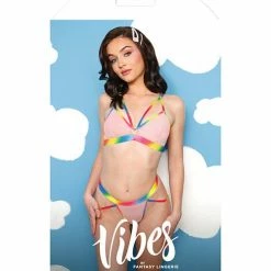 Fantasy Lingerie Vibes Make It Rain Caged Bralette & Panty With Booty Rainbow