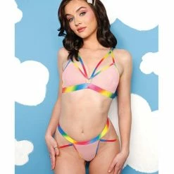 Fantasy Lingerie Vibes Make It Rain Caged Bralette & Panty With Booty Rainbow