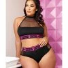 Fantasy Lingerie Vibes Pussy Power Micro-net Halter Top & Booty Short Black Queen Size