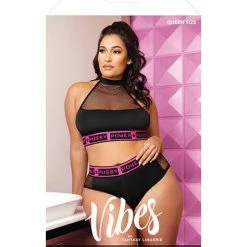 Fantasy Lingerie Vibes Pussy Power Micro-net Halter Top & Booty Short Black Queen Size