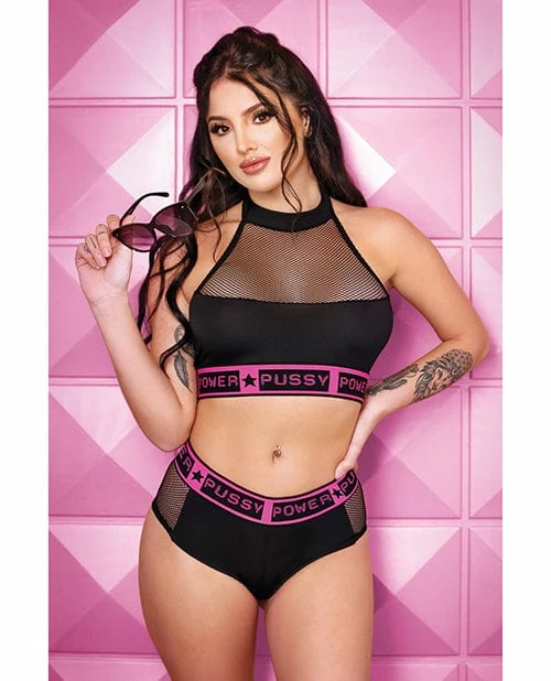 Fantasy Lingerie Vibes Pussy Power Micro-net Halter Top & Booty Short