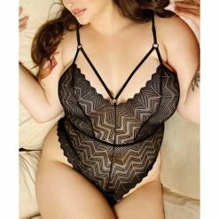 Fantasy Lingerie Vixen Chevron Lace Teddy Black Qn