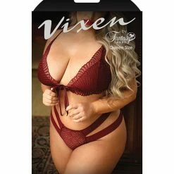Fantasy Lingerie Vixen Good 4 You Lace Triangle Bralette & Panty Burgundy Queen Size